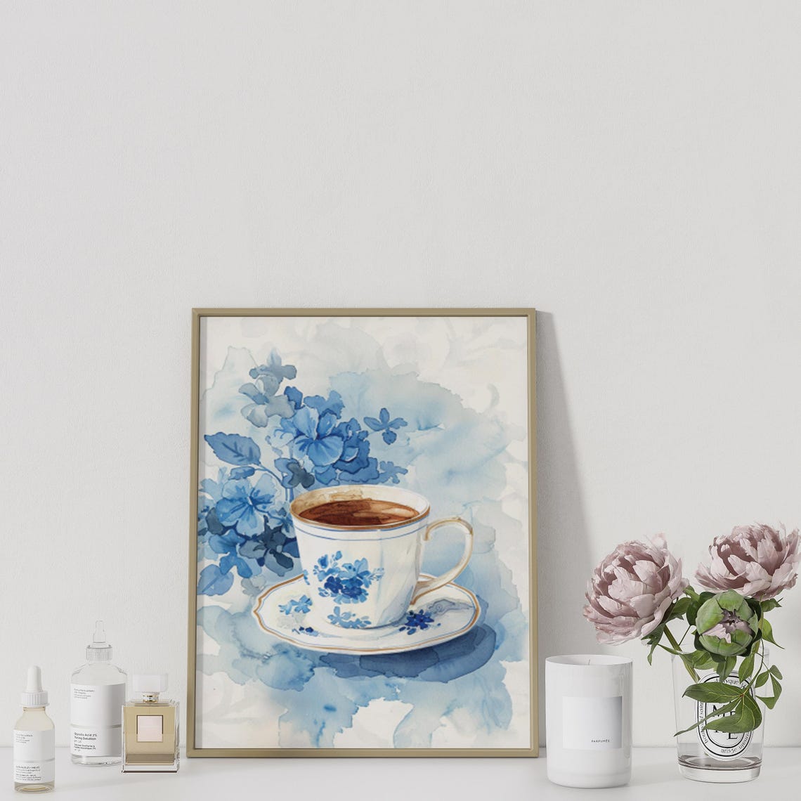 Delicate Blue Watercolor Teacup with Floral Tea Still Life Poster - Image 4