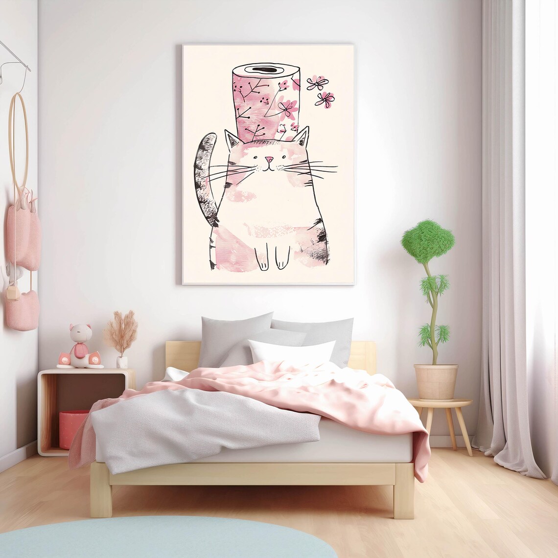 Cute Cat Balancing Floral Paper Roll on Head Watercolor Art Poster - Image 3