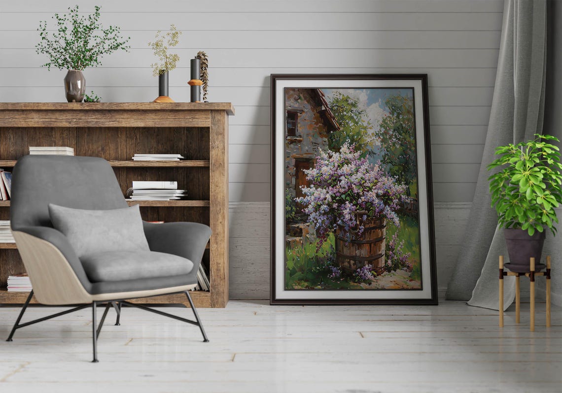 Overflowing Lilac Barrel at Rustic Cottage Doorway Art Poster - Image 2