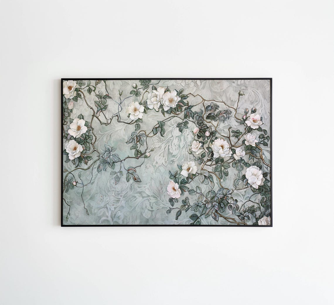 White Rose Vine Trailing Across Soft Sage Vintage Botanical Poster