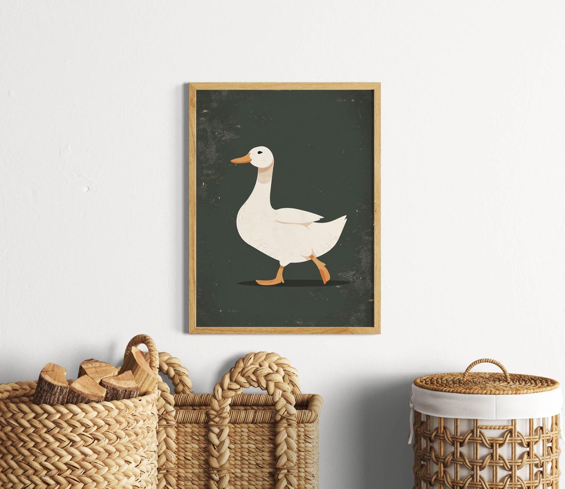 Minimalist White Goose Strolling Across Dark Green Chalkboard Poster - Image 2
