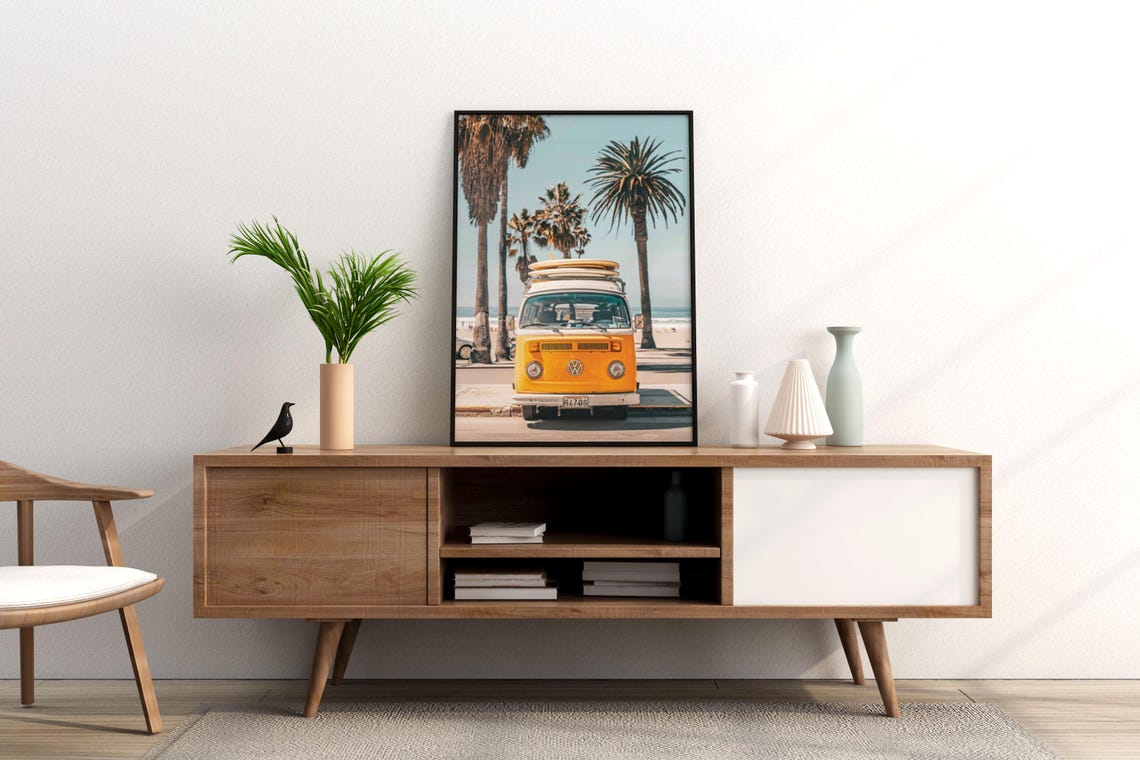 Yellow Classic VW Bus With Surfboards at a Palm Beach Poster - Image 4