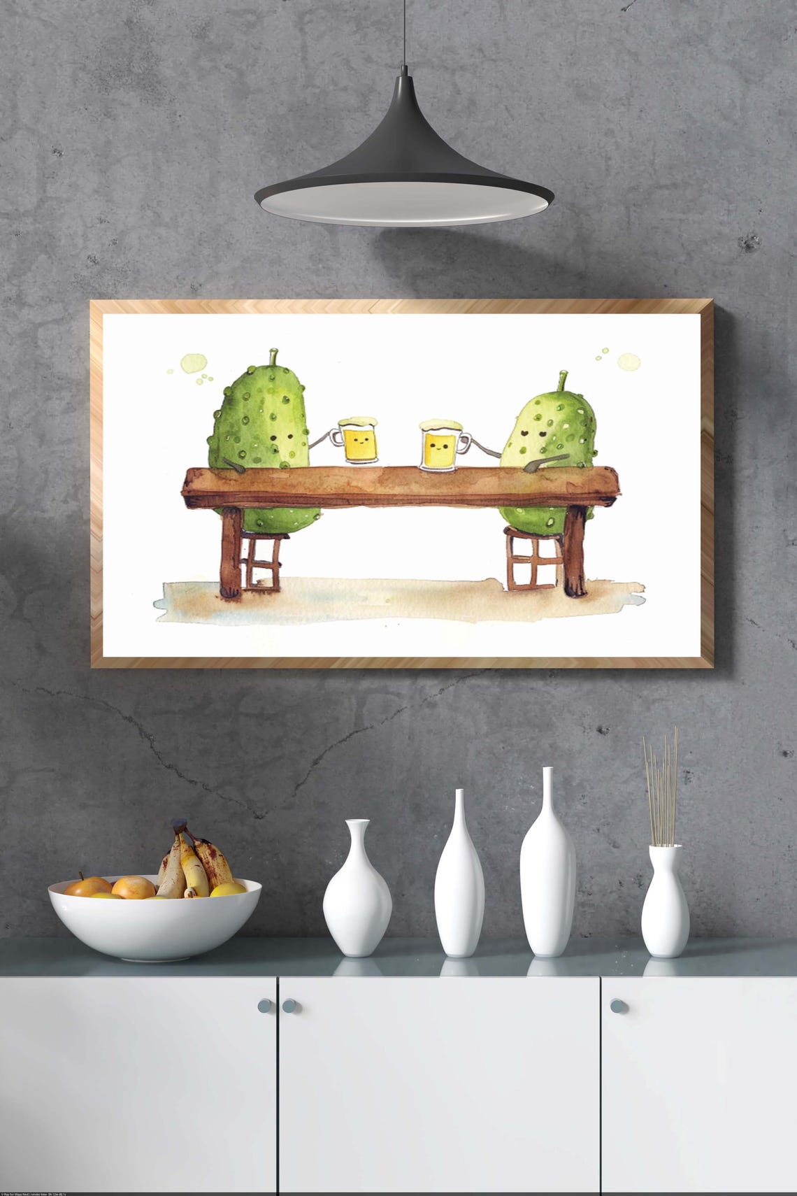Two Cheerful Pickles Sharing Beer at a Bar in Watercolor Poster - Image 2