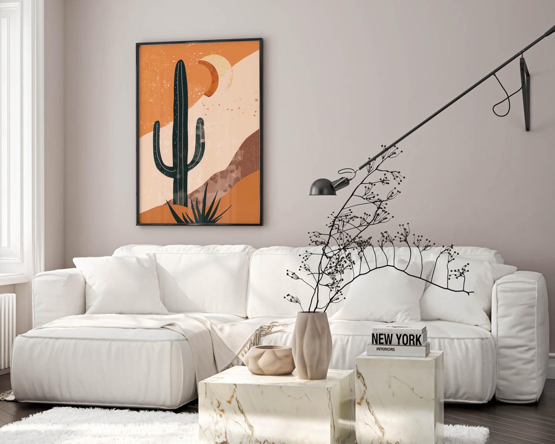 Black Saguaro Silhouette Against an Orange Desert Sun Poster - Image 2