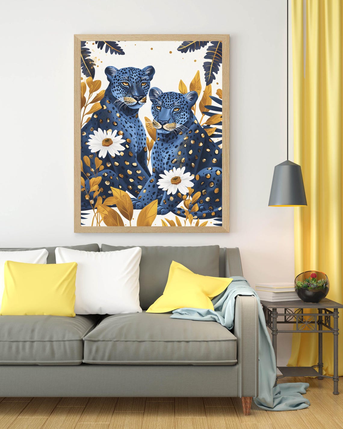 Two Dark Blue Leopards With White Daisies and Gold Leaves Poster - Image 3