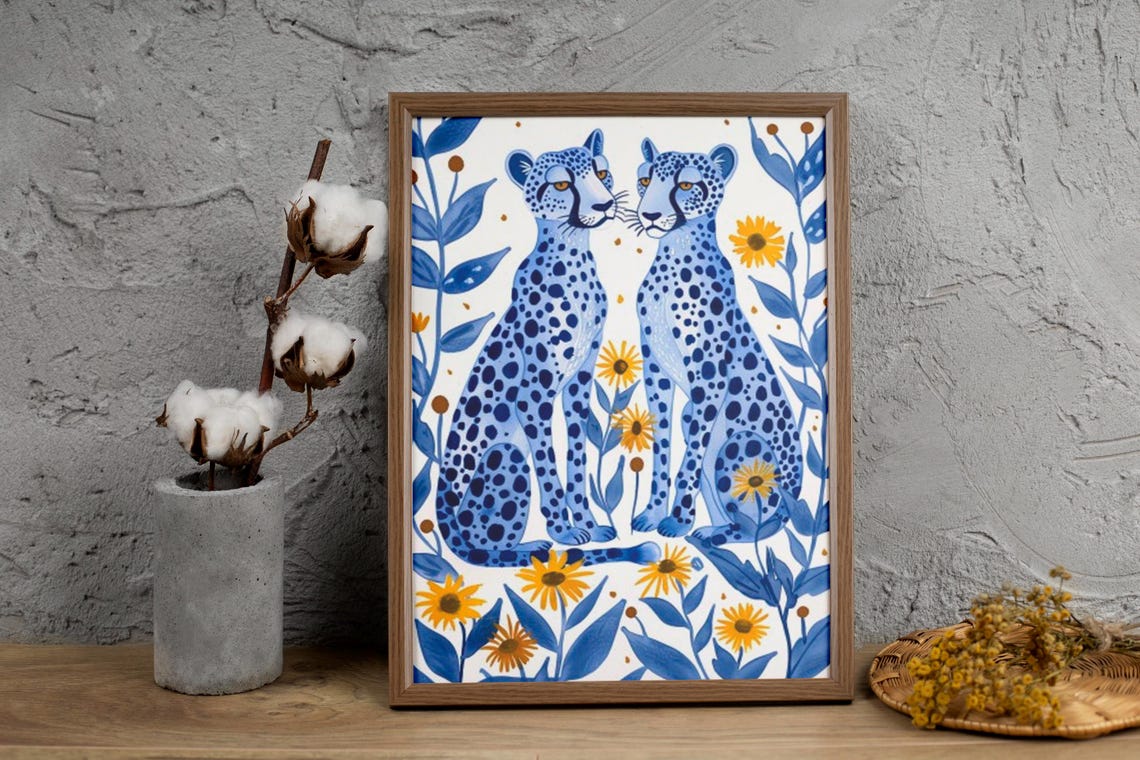 Two Light Blue Leopards Facing Each Other Among Daisies Poster - Image 2