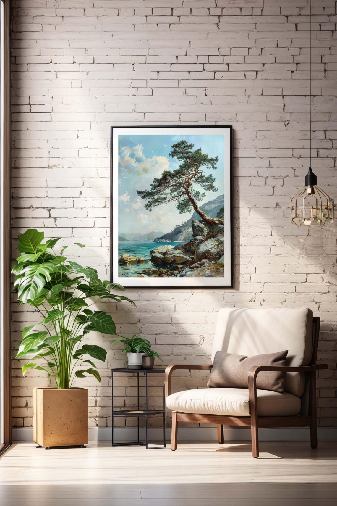 Lone Pine Tree Leaning Over a Rocky Seaside Cliff Art Poster - Image 3