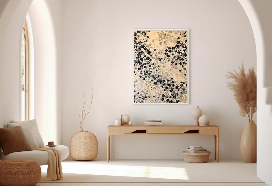 Black Floral Silhouettes on Champagne Botanical Gallery Wall Art - Image 3