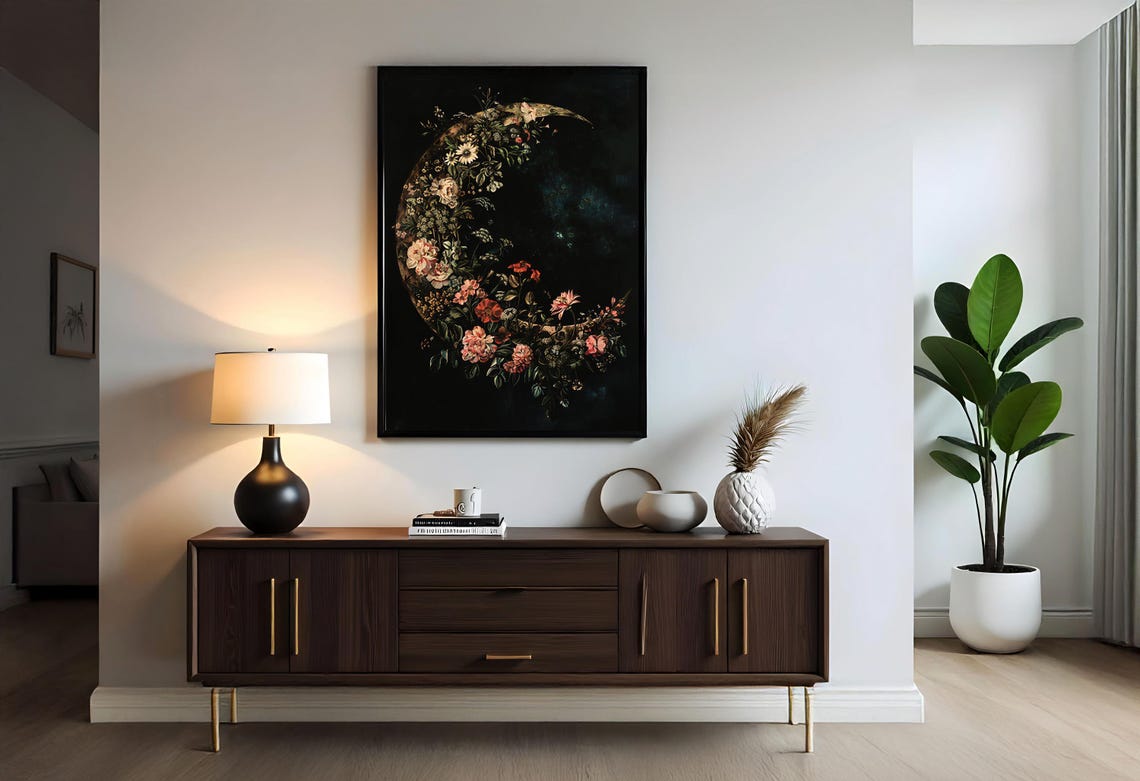Floral Crescent Moon Botanical Night Sky Vintage Flower Art Poster - Image 5
