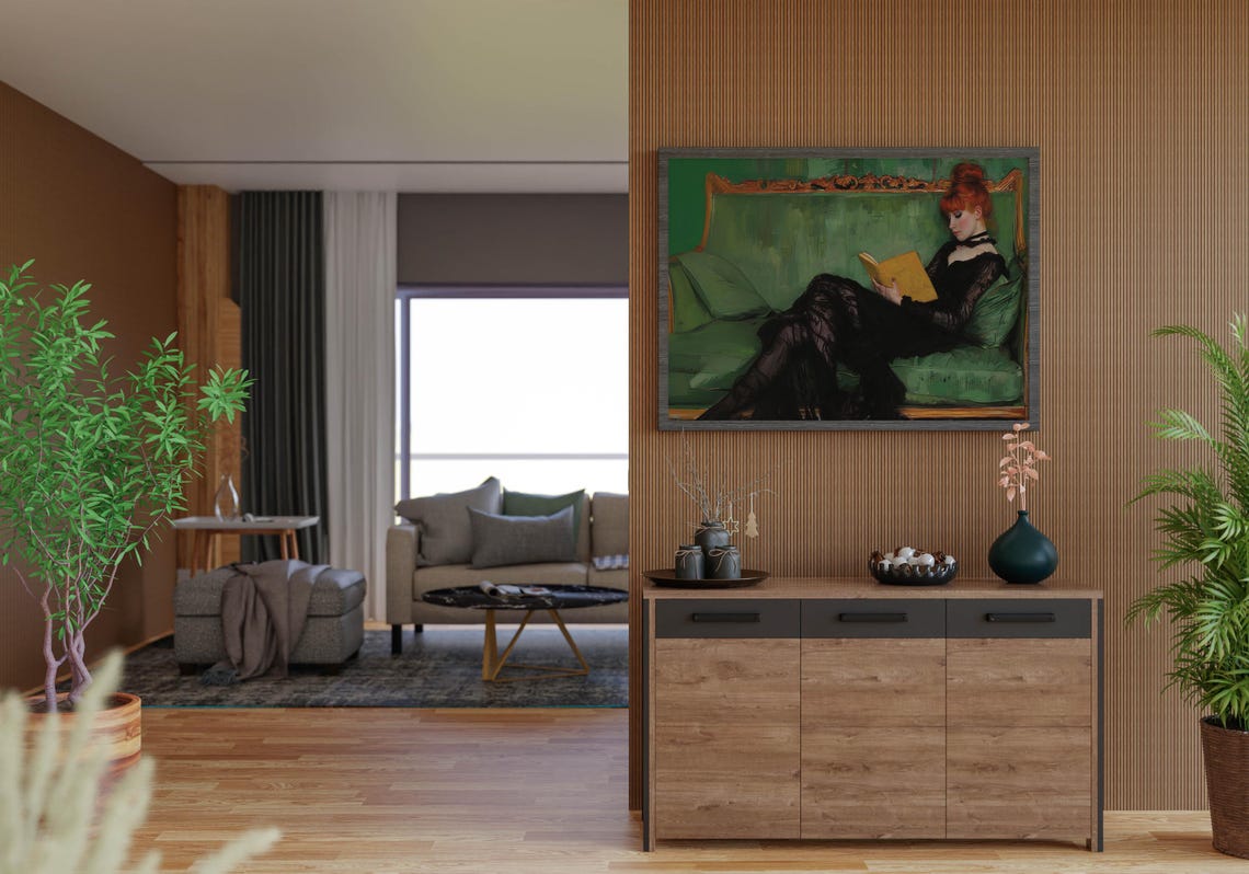Red-Haired Woman Reading a Book on Emerald Sofa Vintage Poster - Image 5
