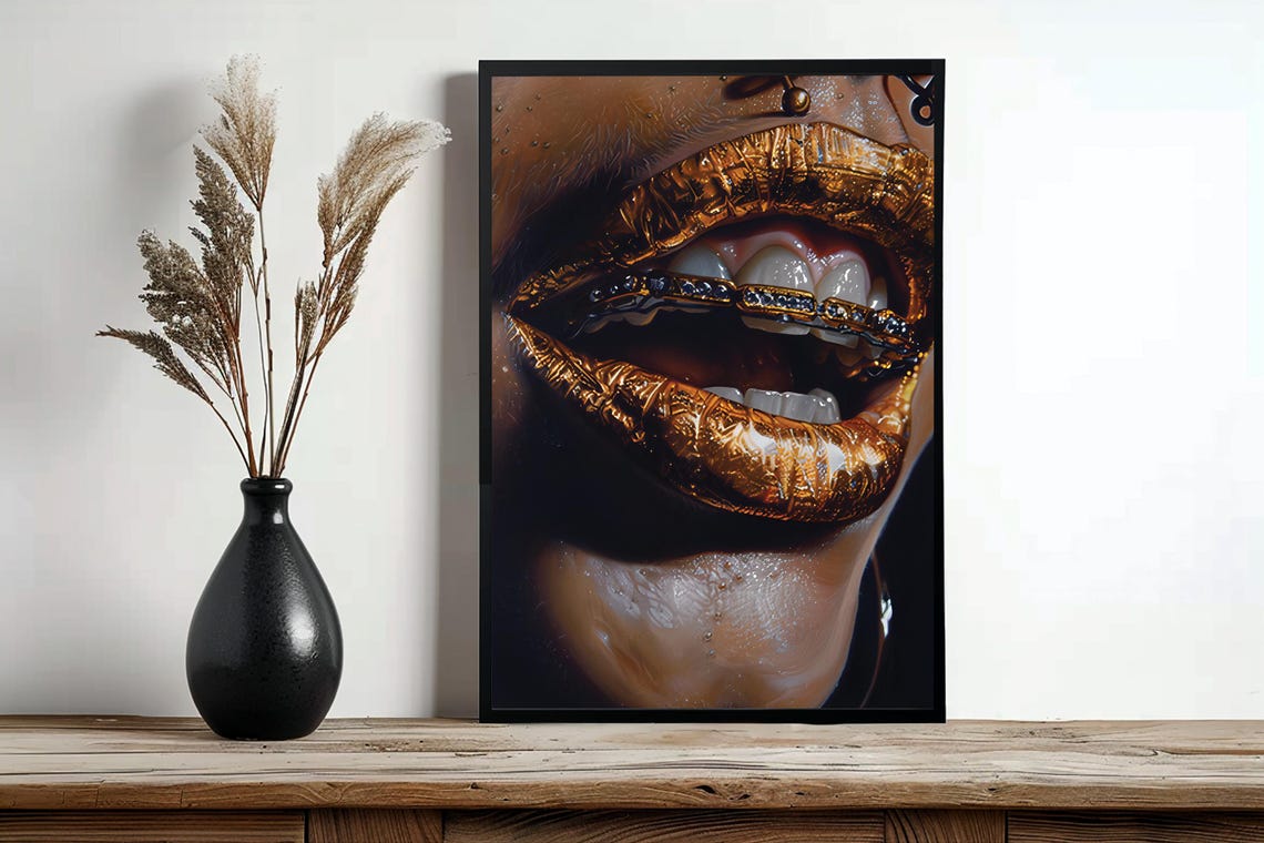 Gold Lips with Diamond Grill Photorealistic Beauty Portrait Poster - Image 3