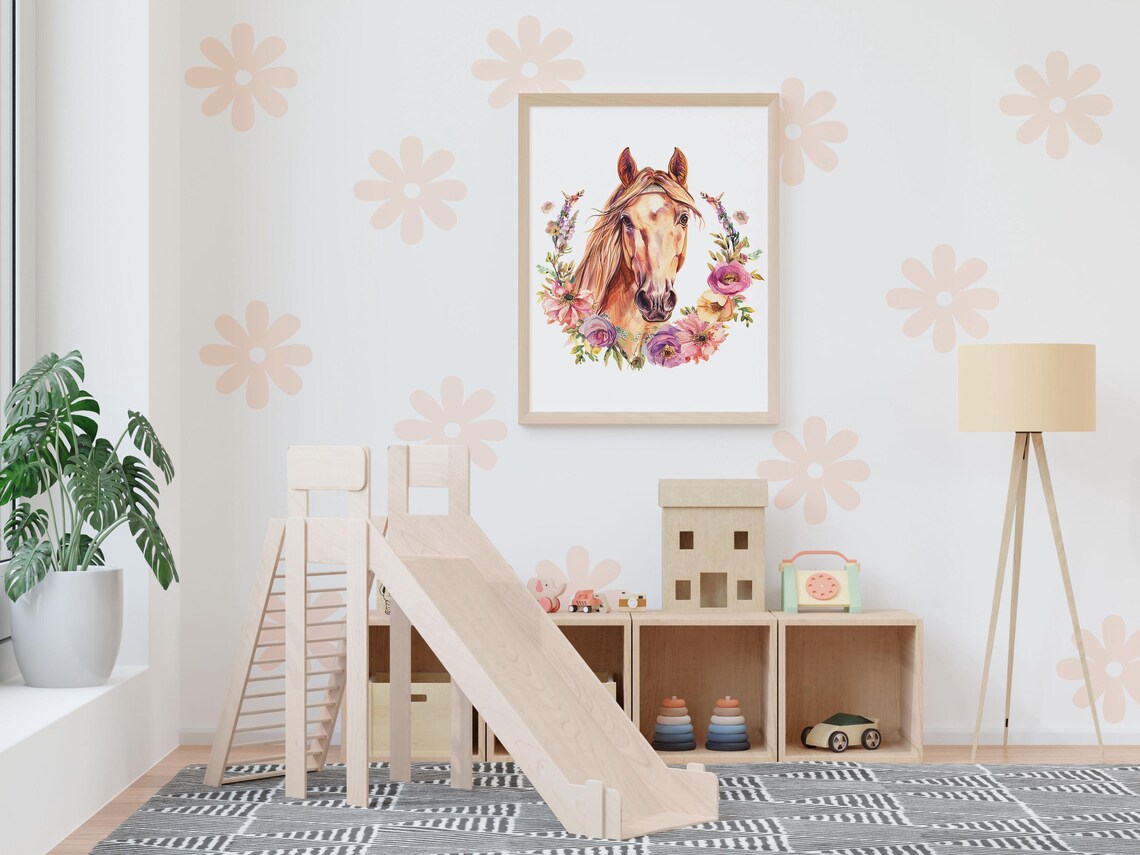 Chestnut Horse Portrait with Colorful Floral Wreath Nursery Poster - Image 4