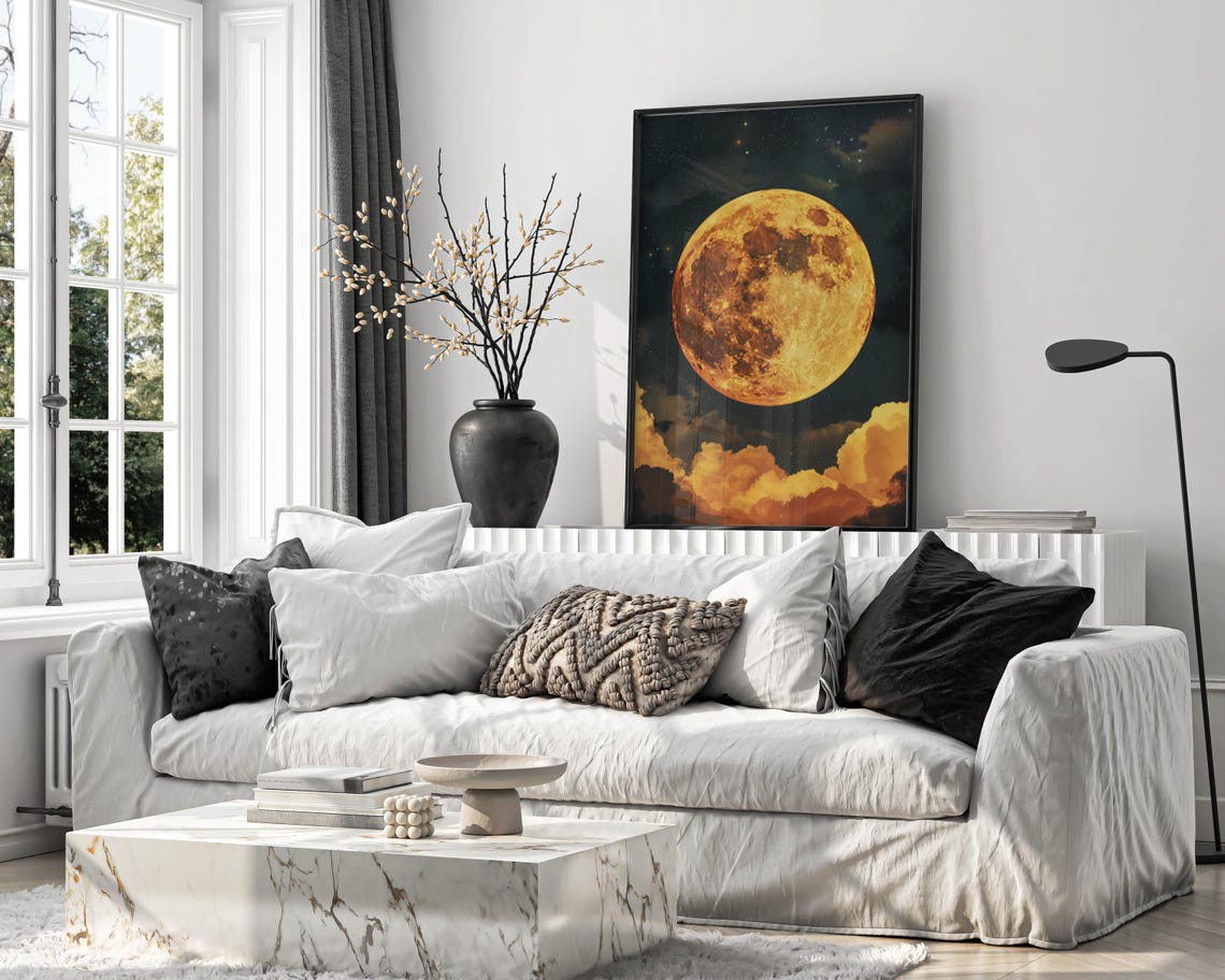 Huge Orange Full Moon Over Glowing Amber Clouds Night Art Poster - Image 3