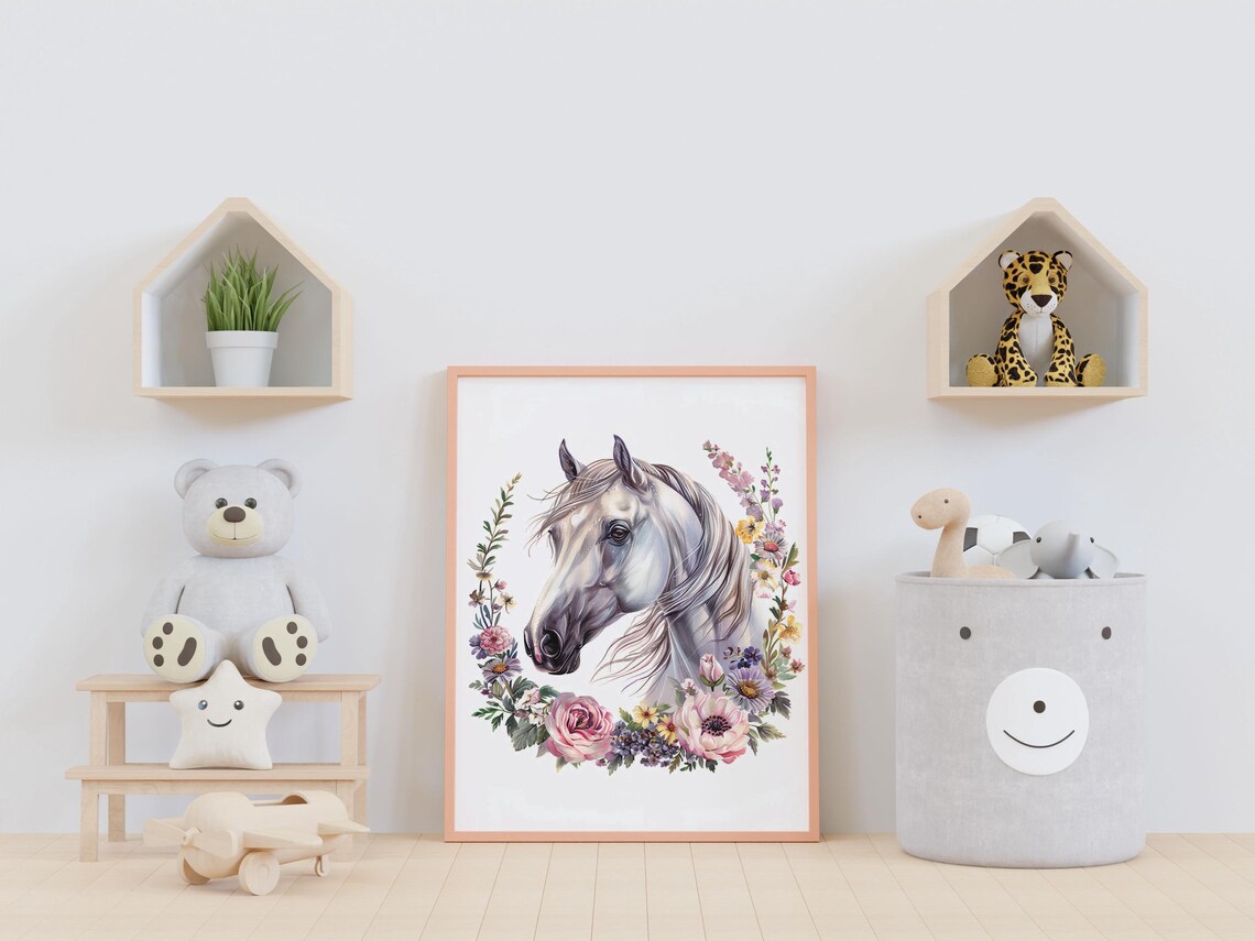 Gray Horse Portrait Adorned with Pink Roses Floral Wreath Poster