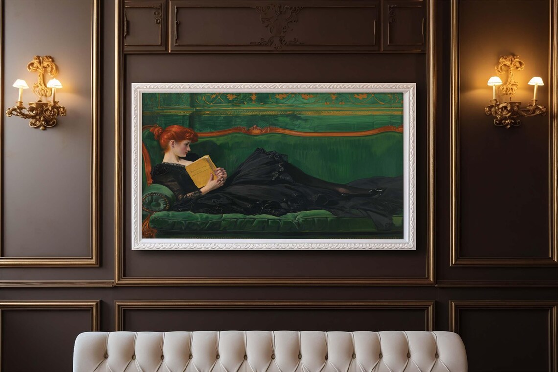 Redhead Woman in Black Gown Reading on Green Chaise Lounge Poster - Image 3