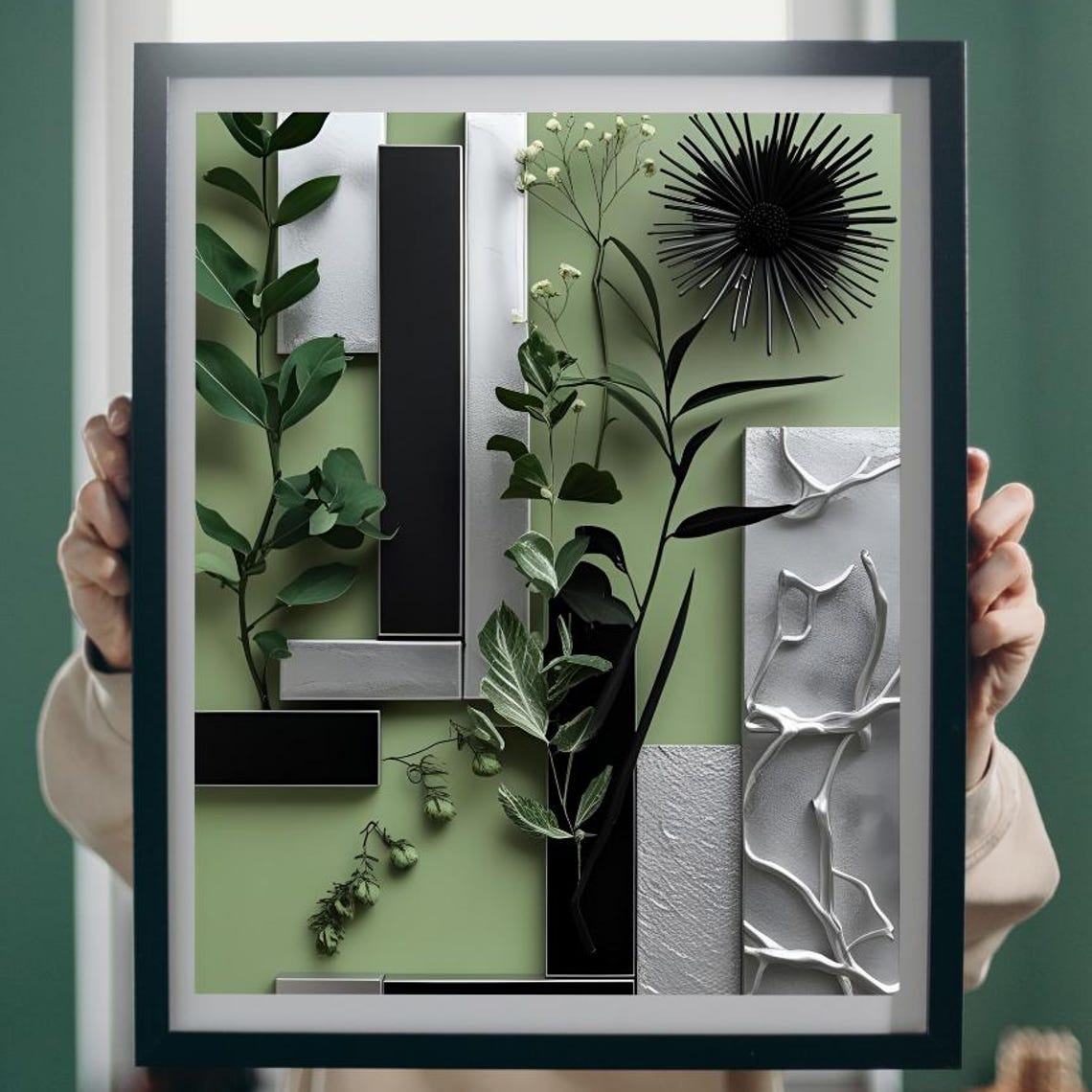 Sage Green Black White Botanical Geometric Abstract Art Poster