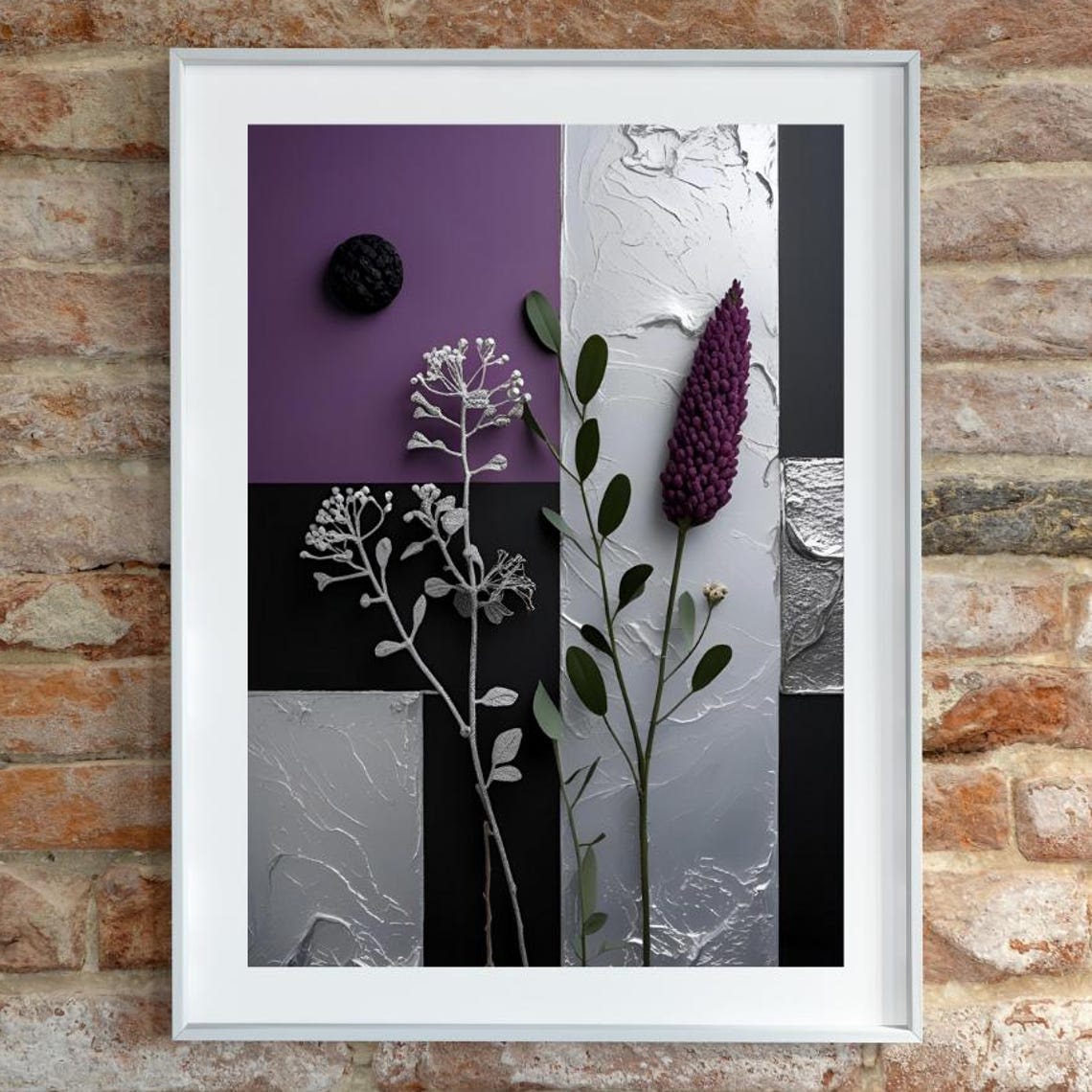 Plum Silver Black Botanical Geometric Floral Abstract Art Poster