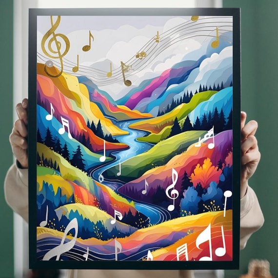 Modern Abstract Music Notes Poster Midcentury Wall Art With Bold Background Mountains And Musical Symbols Jazzinspired Artwork Decor