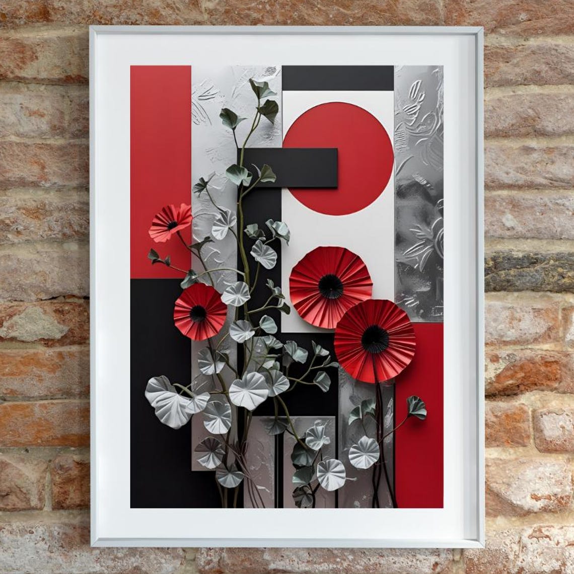 Red Black Paper Daisy Abstract Poster Modern Botanical Geometric Art