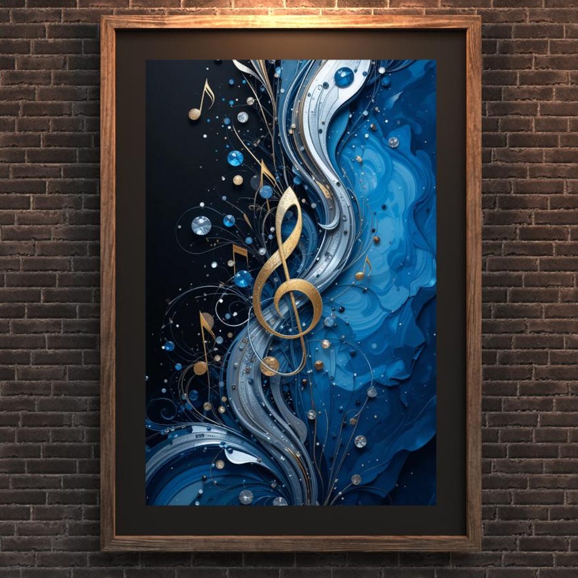 Gold Treble Clef Poster with Flowing Blue and White Silk Wave Art