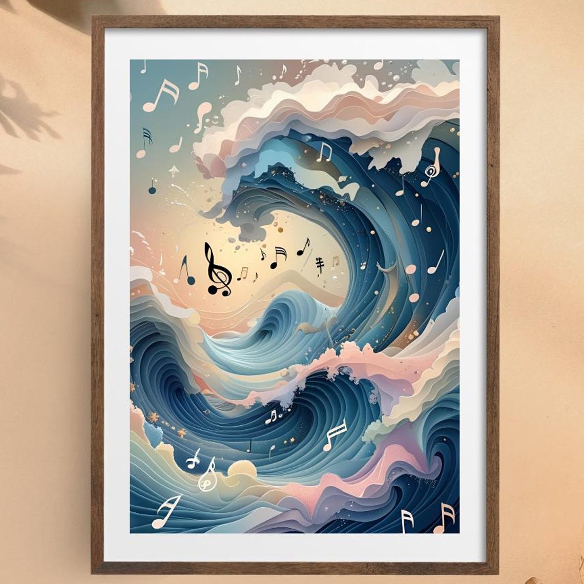 Ocean Wave Musical Notes Poster in Soft Oil Paint Style Artwork