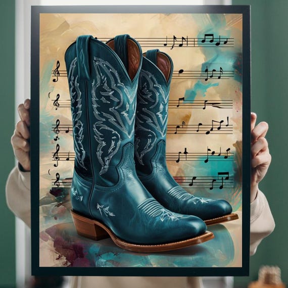 Modern Abstract Music Notes Poster Cowboy Boots Decor Midcentury Wall Art Country And Western Style Print Musical Symbol Artwork