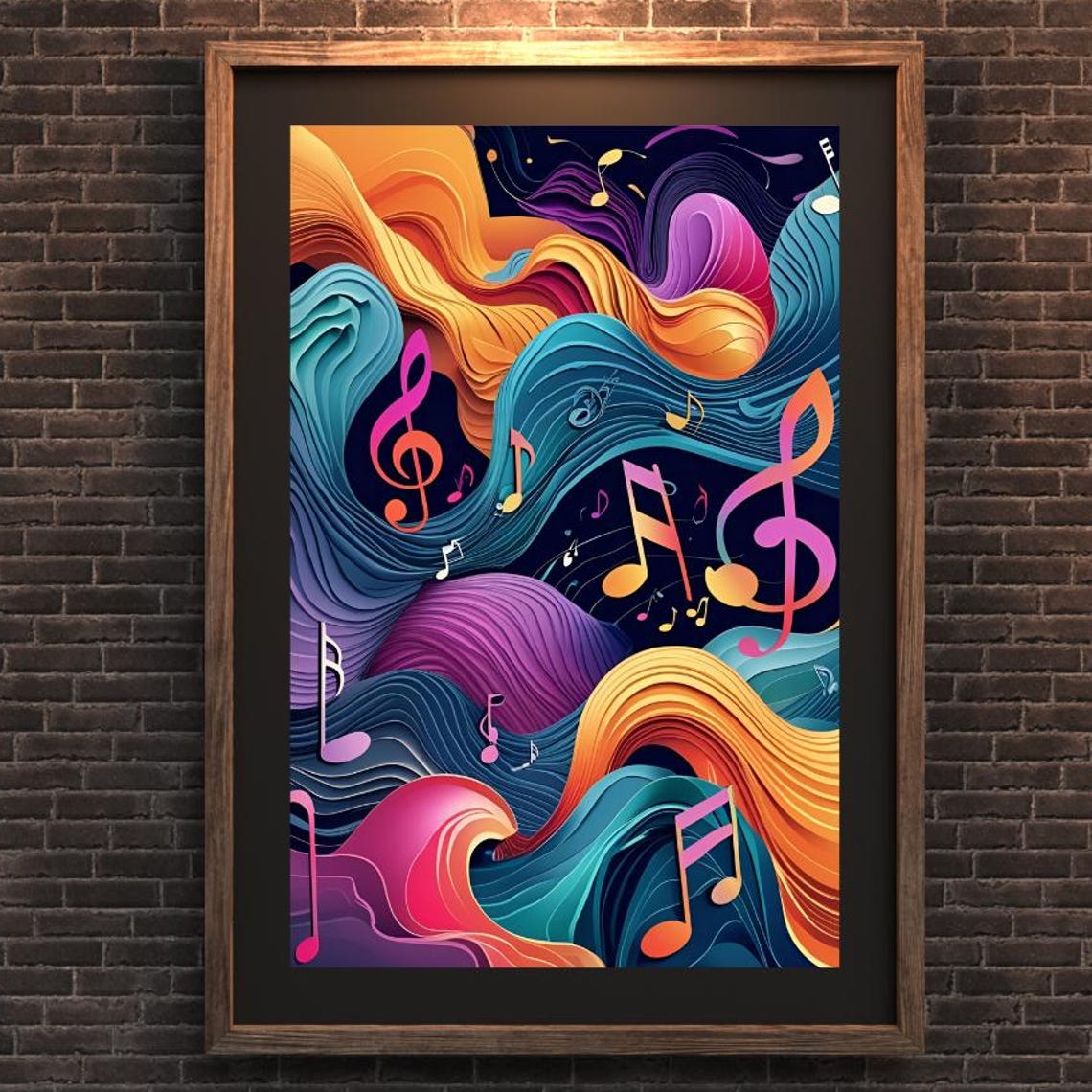Layered Ribbon Waves with Neon Music Notes Abstract Art Poster