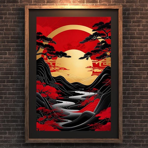 Abstract Japanese Art Print Modern Minimalist Wall Decor Asianinspired Red And Gold Home Zen Sunset Mountains Bonsai Poster