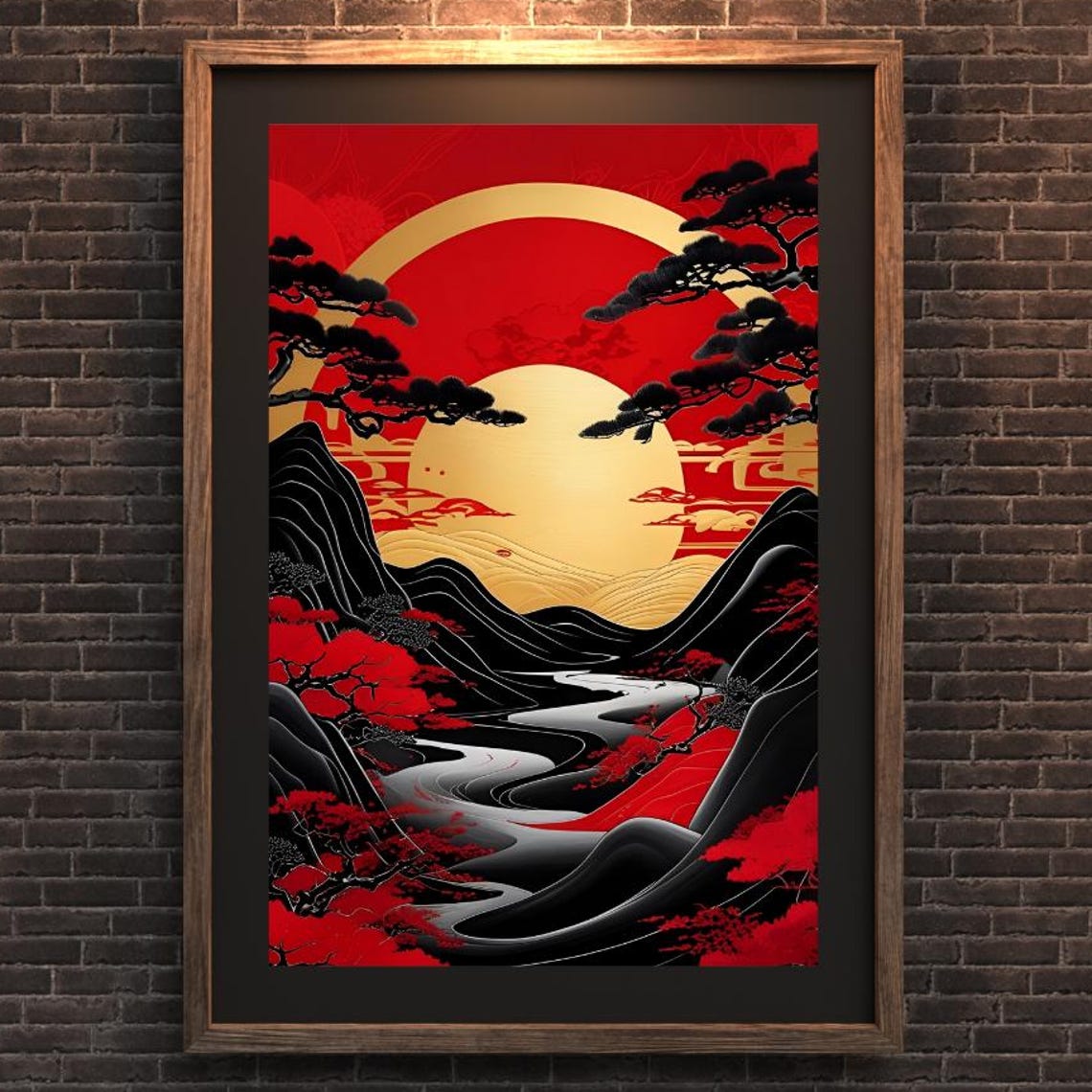 Bold Red and Gold Japanese Sunrise Mountain Landscape Poster