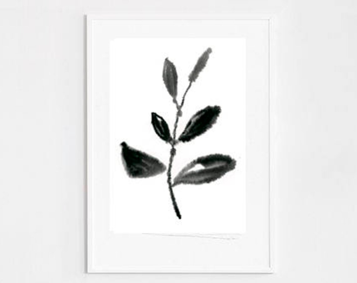 Black Ink Botanical Branch Minimalist Zen Leaf Sketch Art Print