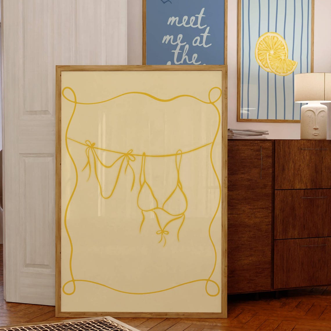 Yellow Bikini Clothesline Girly Line Art Minimalist Beach Poster