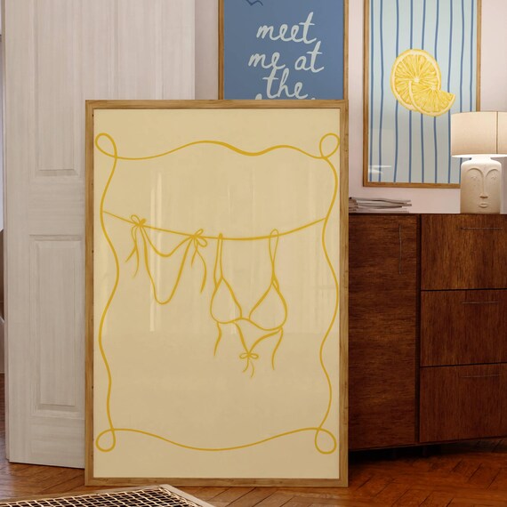 Yellow Bikini Clothesline Girly Line Art Minimalist Beach Poster