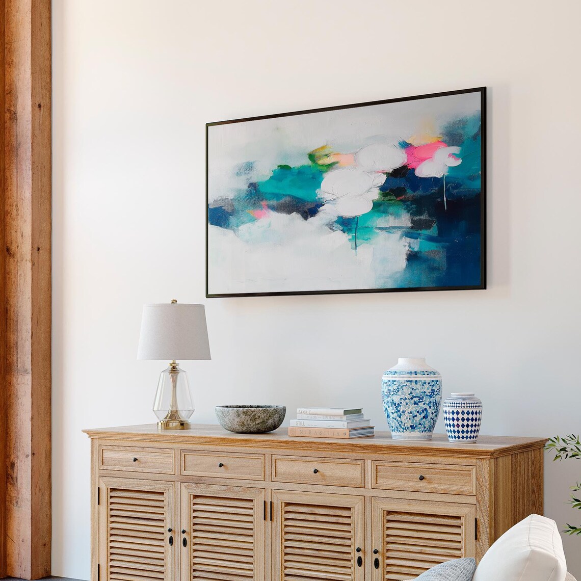 Teal Pink Floral Abstract Painting Modern Bedroom Wall Decor Poster