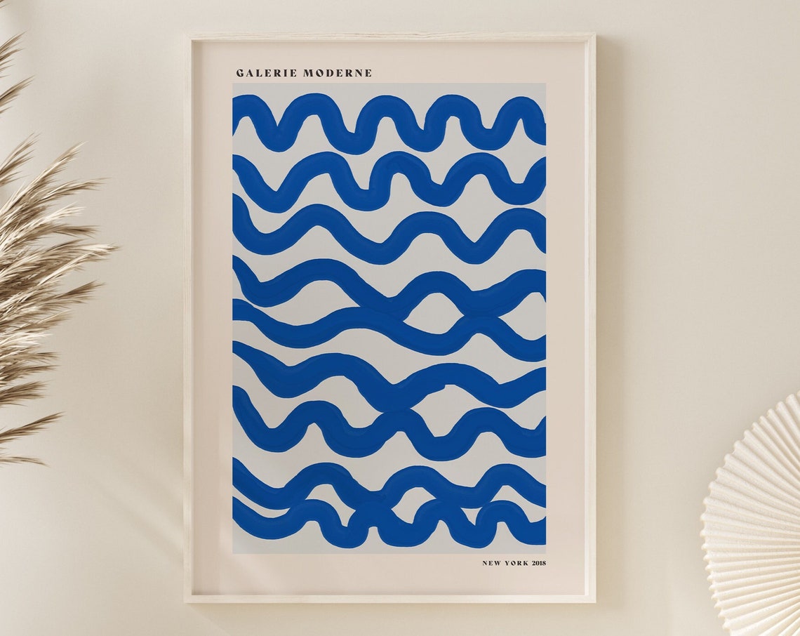 Cobalt Blue Wavy Line Pattern Galerie Moderne Abstract Art Poster