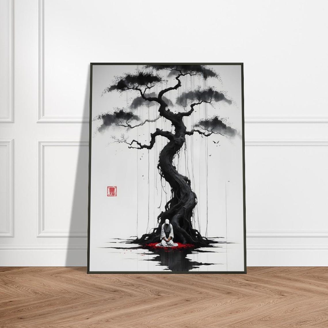 Hooded Figure Meditating Under Twisted Tree Japanese Ink Art Poster