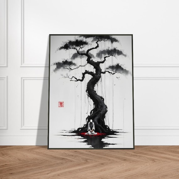 Hooded Figure Meditating Under Twisted Tree Japanese Ink Art Poster