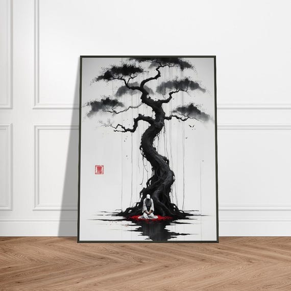 Meditative Monk Wall Art Japanese Ink Wash Painting With Ancient Tree And Red Petals Metal Frame Zen Minimalist Decor For Home Or Office