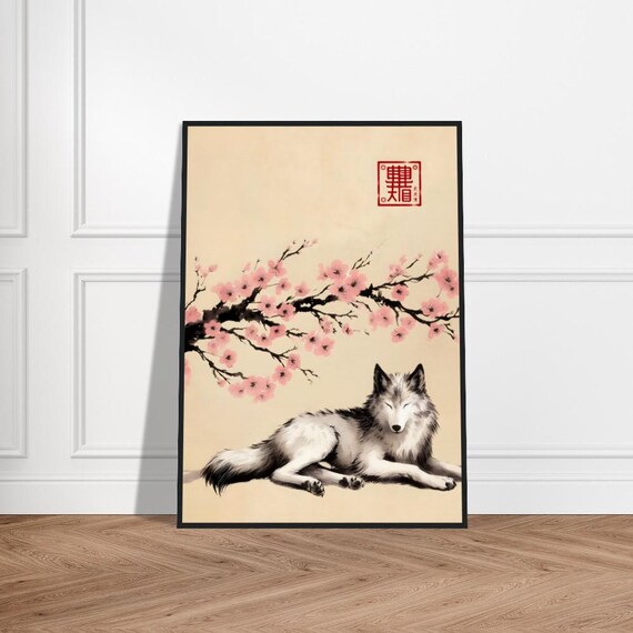 White Wolf Lying under Blossoms Japanese Sumi E Ink Painting Poster