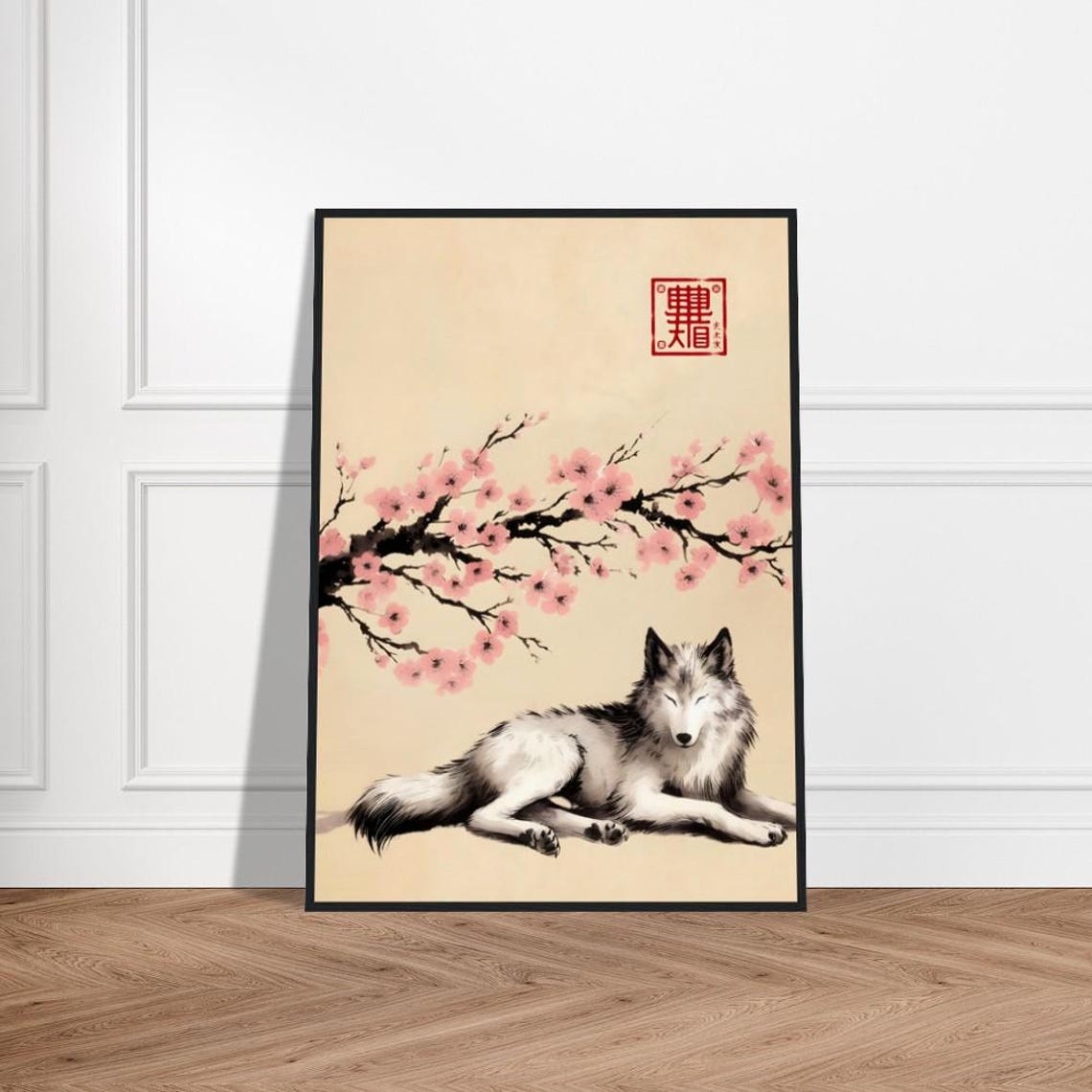 White Wolf Lying under Blossoms Japanese Sumi E Ink Painting Poster