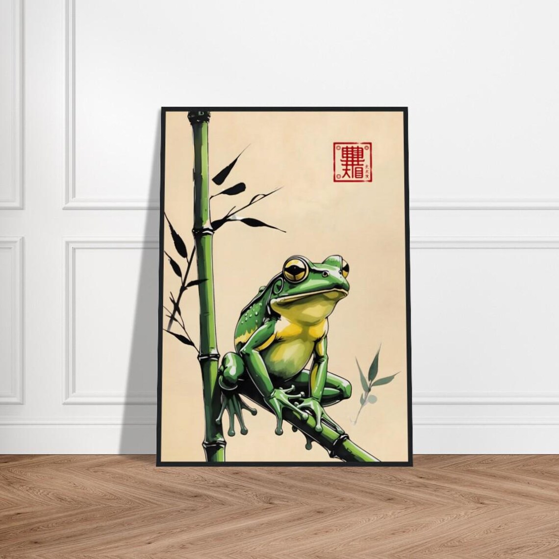 Green Tree Frog Climbing a Bamboo Stalk Japanese Ink Style Poster