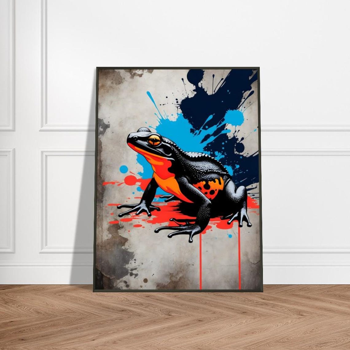 Poison Dart Frog Graffiti With Bold Blue And Red Splashes Poster