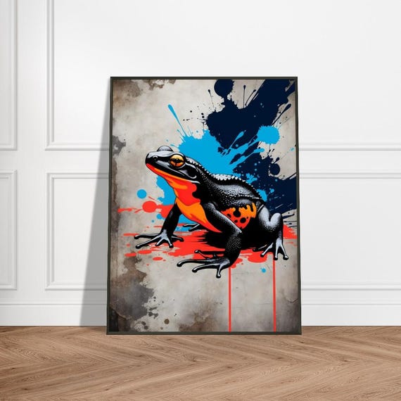 Vivid Frog Art Print Japaneseinspired Ink Splash Design With Bold Orange Blue And Black Accents Eyecatching Amphibian Wall Decor
