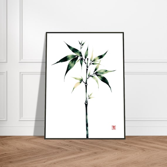 Single Bamboo Stalk Minimalist Green Ink Wash Painting Poster Art