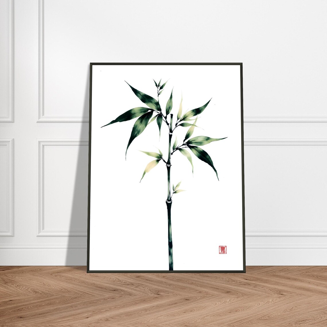 Single Bamboo Stalk Minimalist Green Ink Wash Painting Poster Art
