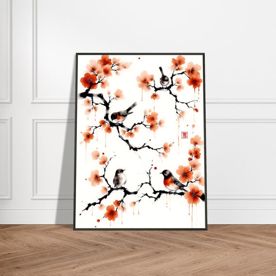 Japanese Cherry Blossom Bird Art Print Minimalist Watercolor Ink Painting Spring Wall Decor Zen Nature Illustration