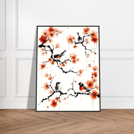Songbirds on Cherry Blossom Branches Japanese Ink Painting Poster