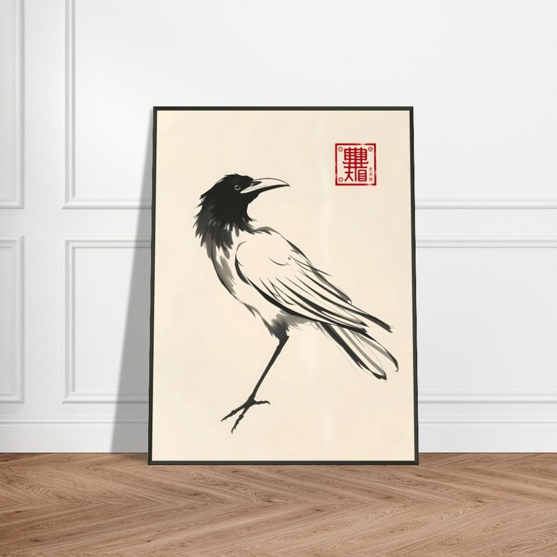 Crow In Profile In Minimalist Japanese Ink Wash Style Poster