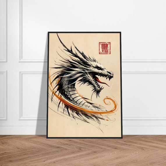 Japanese Dragon Art Poster Minimalist Wall Decor Museumquality Matte Paper Framed Zen Print Traditional Artwork