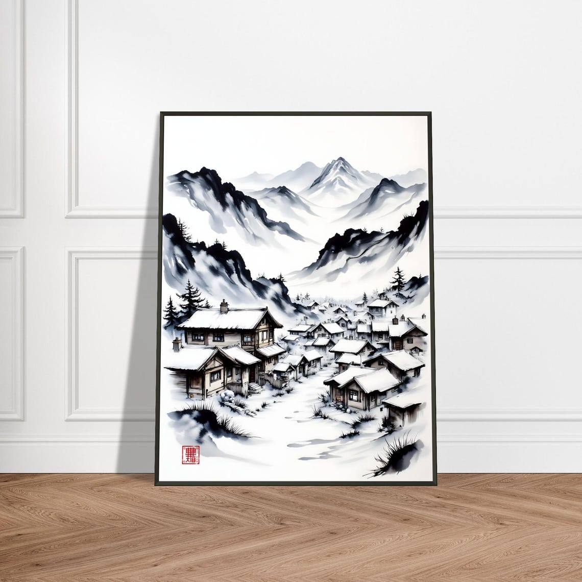 Traditional Japanese Ink Painting Of Snowcovered Village With Wooden Houses And Misty Mountain Landscape