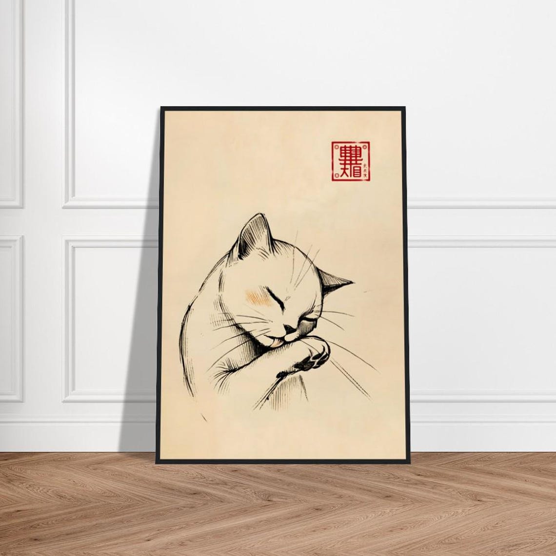 Sleeping White Cat Head on Paw Ink Sketch Japanese Art Poster